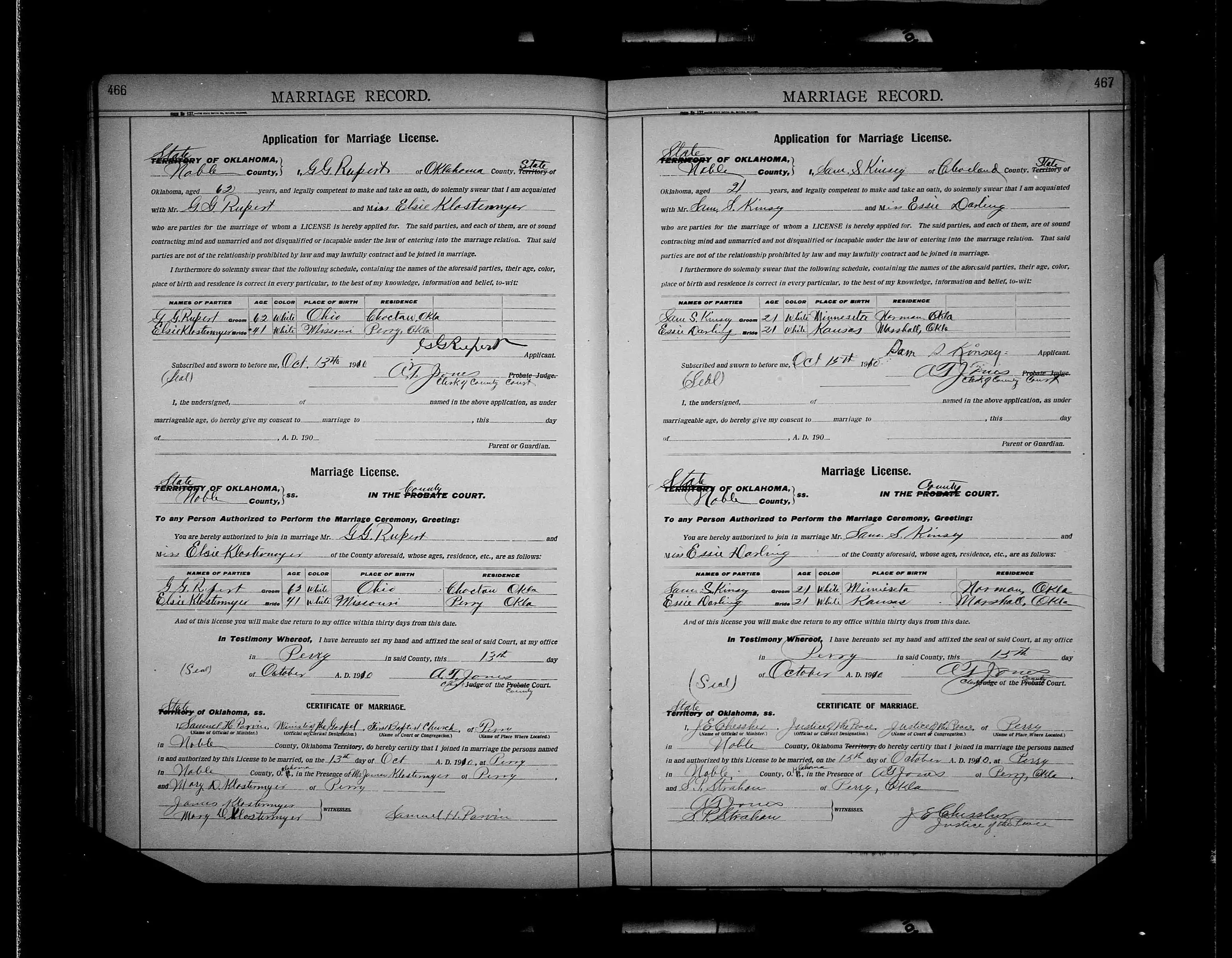 Greenberry George Rupert & Elsie Klostermyer Marriage License & Certificate, 10-13-1910